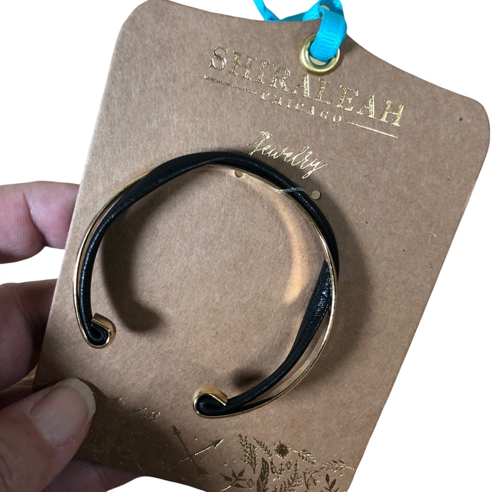 Shiraleah Anthropologie Bangle Bracelet VERNA Cuff Black Vegan Leather Trim